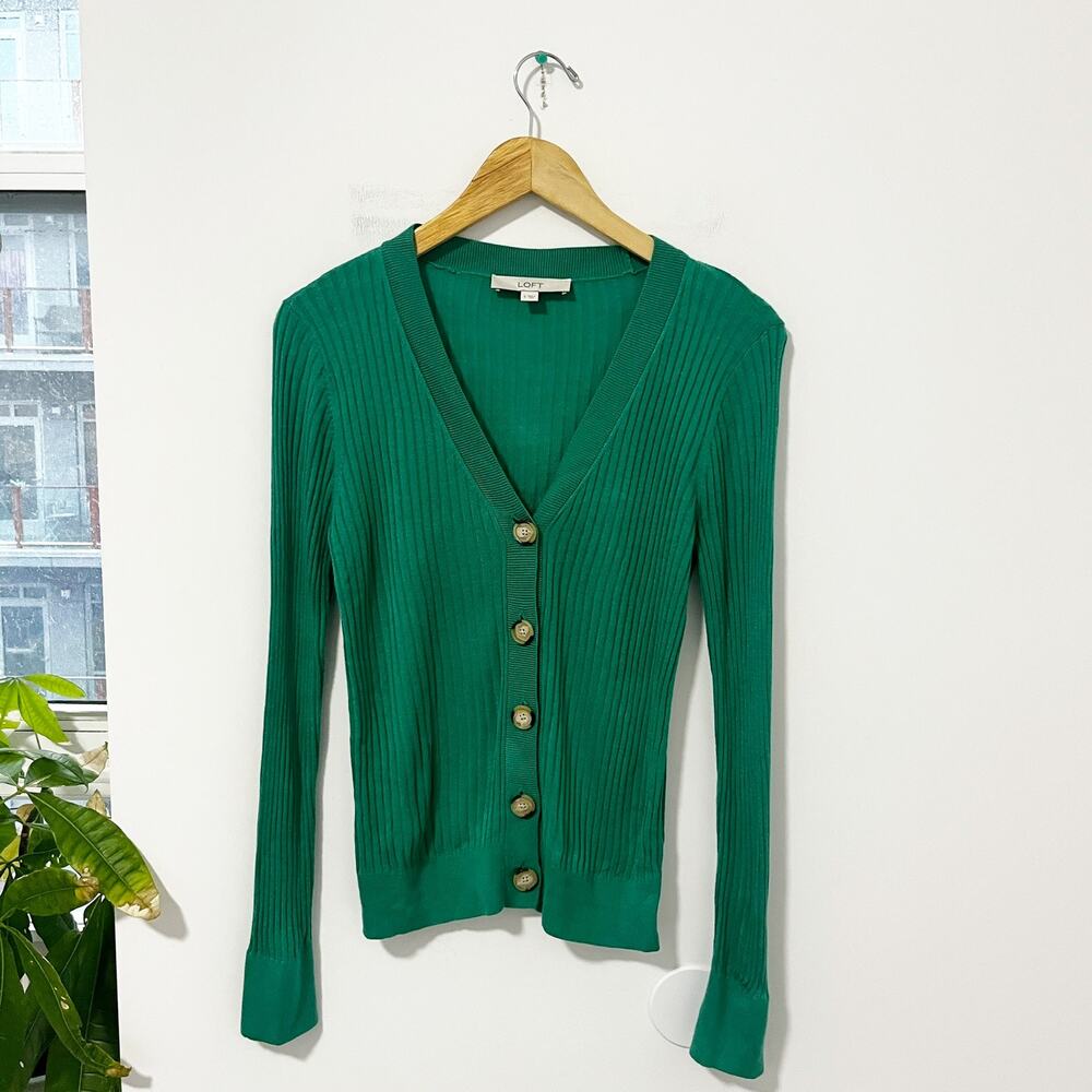 Loft Green Ribbed Knit Cardigan Sweater Size Small
